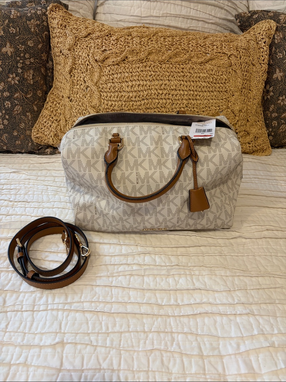 Michael Kors NW Kirby vanilla large satchel with brown trim